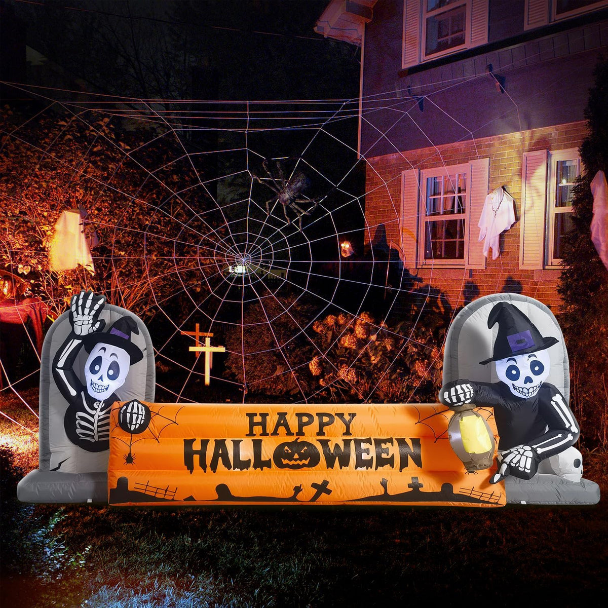 10FT Large Halloween Inflatable Decorations Skeleton Tombstone Banner, Build-in LED Lights Holiday Blow Up Yard Decoration for Halloween Holiday Party Outdoor，Garden Yard Lawn Decor