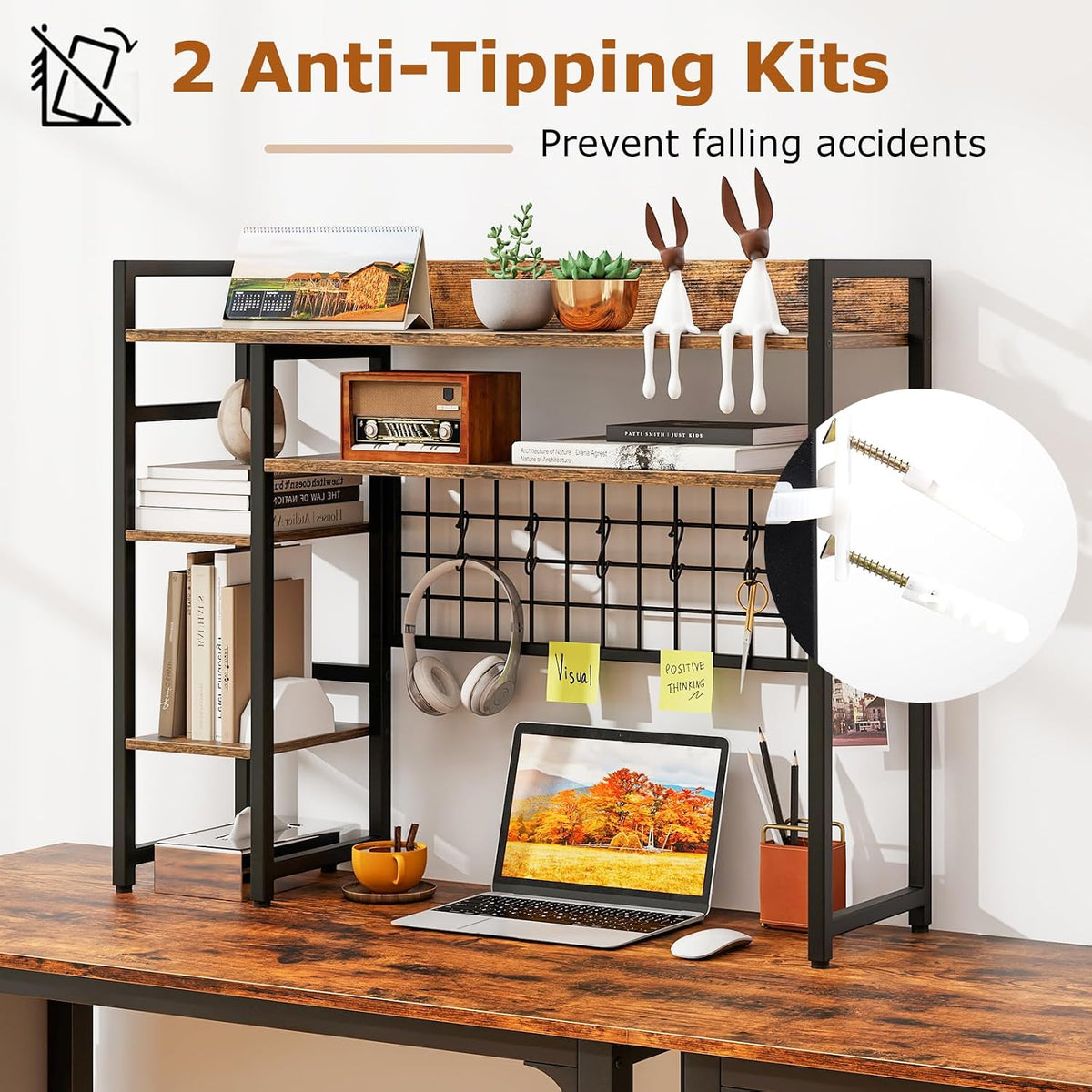 GOFLAME Desktop Bookshelf, 37 Inch Desk Shelf for Computer Monitor, 4-Tier Desk Hutch with Grid Panel 6 Hooks Set, Industrial Countertop Storage Organizer Shelf for Home Office, Dorm (Rustic Brown)