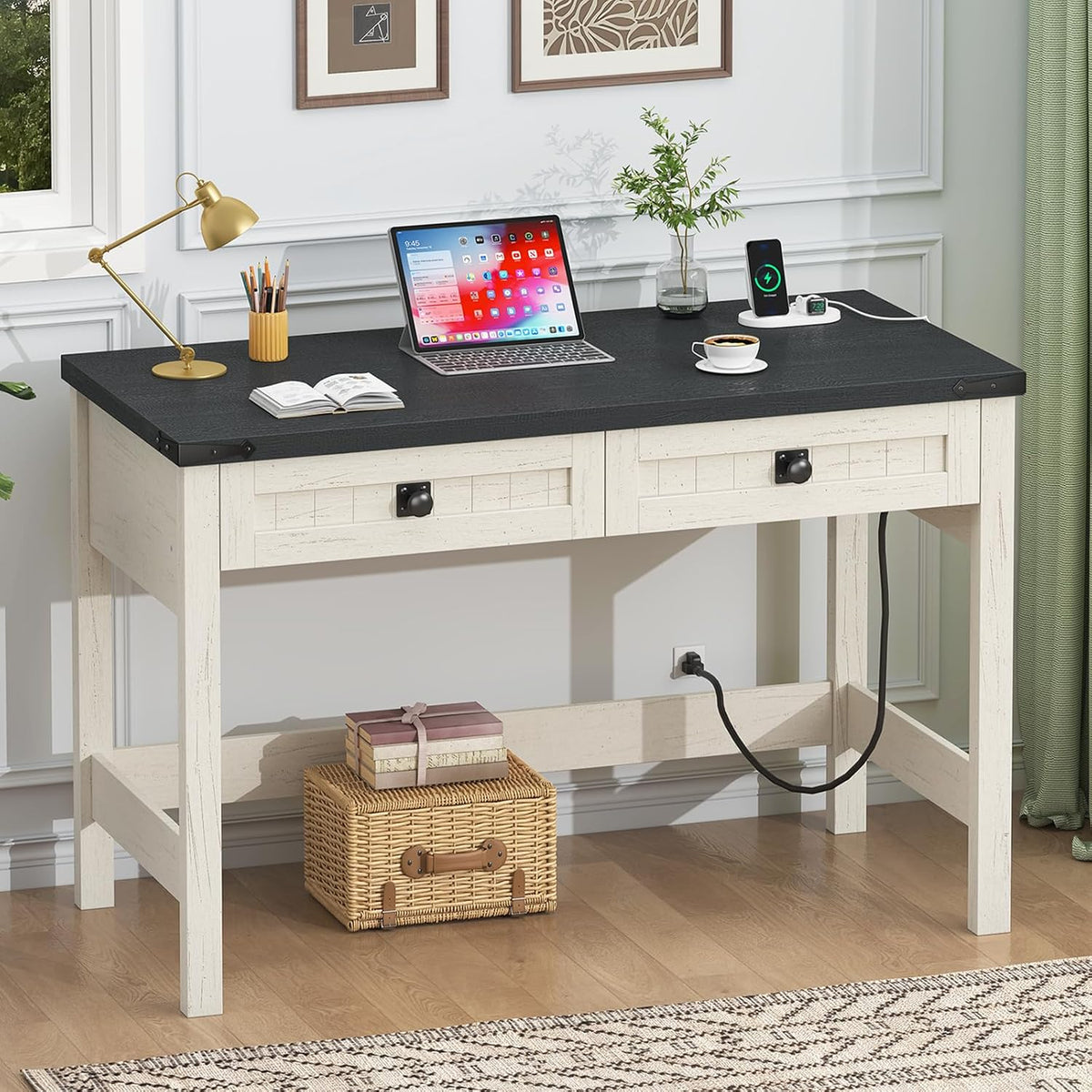 39 Inch Farmhouse Small Computer Desk with Drawers for Bedroom, Home Office