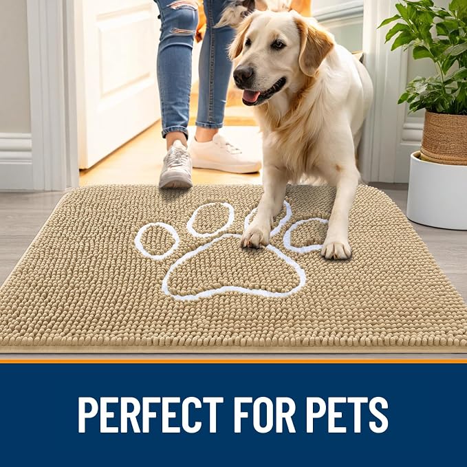 OLANLY Dog Door Mat for Muddy Paws 35x24, Paw Print Design, Absorbs Moisture