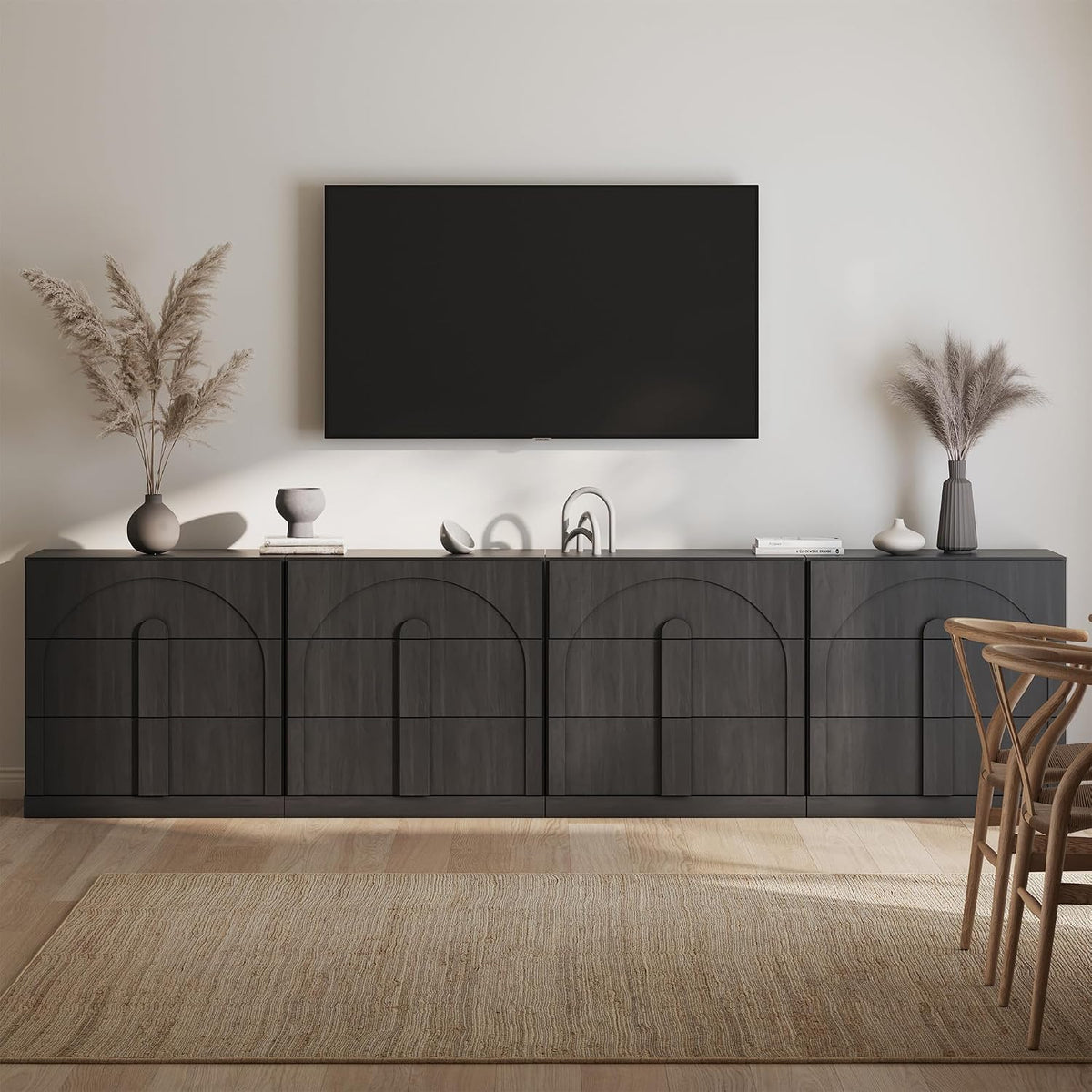 BELLEZE Sideboard Cabinet with 3 Drawers, Set of 4 Modern Wood Buffet Cabinet with Arc Design, Large Fluted Sideboard with Storage for Kitchen Living Room Entryway, Ebony