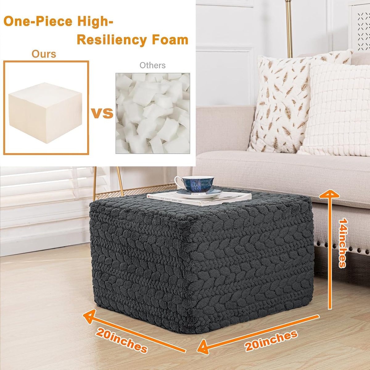 Poofieotto Square Ottoman Footrest Pouf Couch Foot Stool 20x20x14 in, Gray