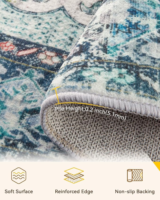 RELEANY Area Rugs Round 7ft Washable Non-Slip, Floral Vintage Distress