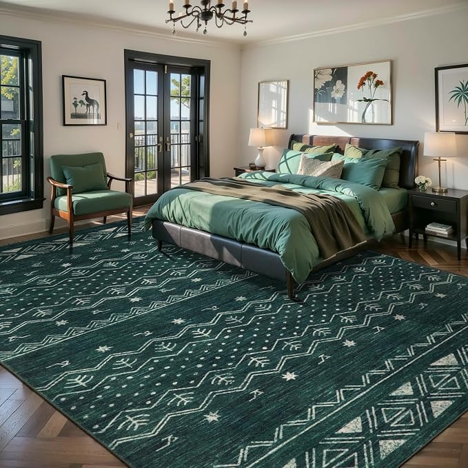 SERISSA 9x12 Area Rugs for Living Room, Washable Non-Slip Dark Green Boho Rug