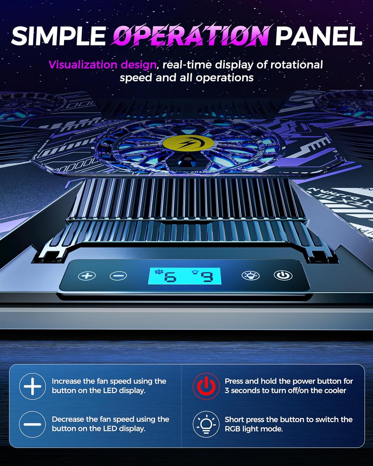 ChillCore RGB Laptop Cooling Pad, Gaming Laptop Fan Cooling Pad 9 Fans for 15.6-19.3 Inch Laptops, Laptop Cooler with 8 Height Stands, 2 USB Ports - A21 Pattern