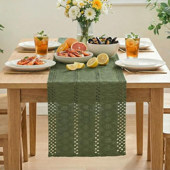 Artoid Mode Army Green Woven Farmhouse Hollow Table Runner 12x60 Inch | Holiday