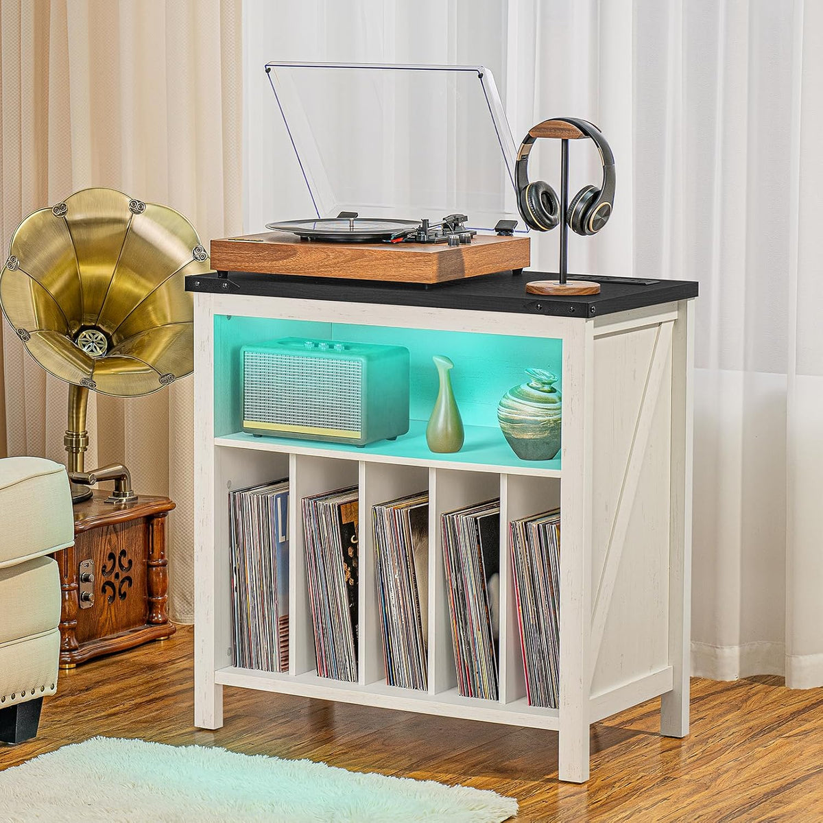 Joaxswe Large Record Player Stand with Charging Station & LED Lights, Vinyl Records Storage Holder Cabinet Holds up to 230 Albums, Turntable Stand for Music Room, Bedroom, Living Room, Office (White)