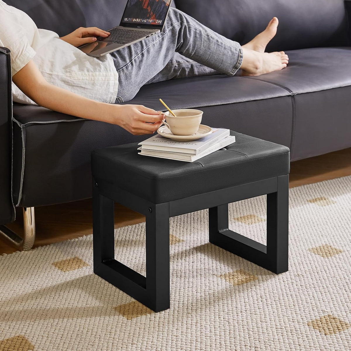 IBUYKE Small Footstool Ottoman, PU Faux Leather Footrest, Black WBD026B