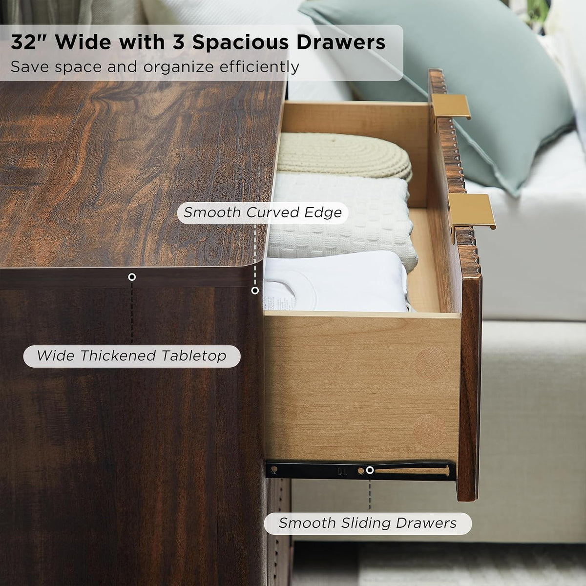 T4TREAM 32" Fluted 3 Drawer Dresser for Bedroom, Dark Walnut