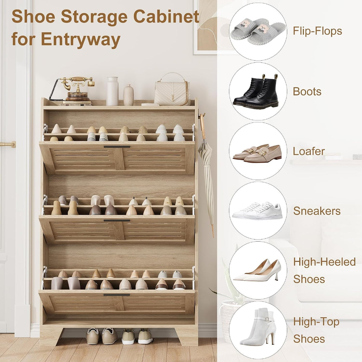 IDEALHOSUE Shoe Cabinet Storage for Entryway, Slim Shoe Storage Cabinet with 3 Flip Drawers, Freestanding Hidden Narrow Shoe Organizer Cabinet with Hooks for Entrance, Foyer, Hallway, Light Oak