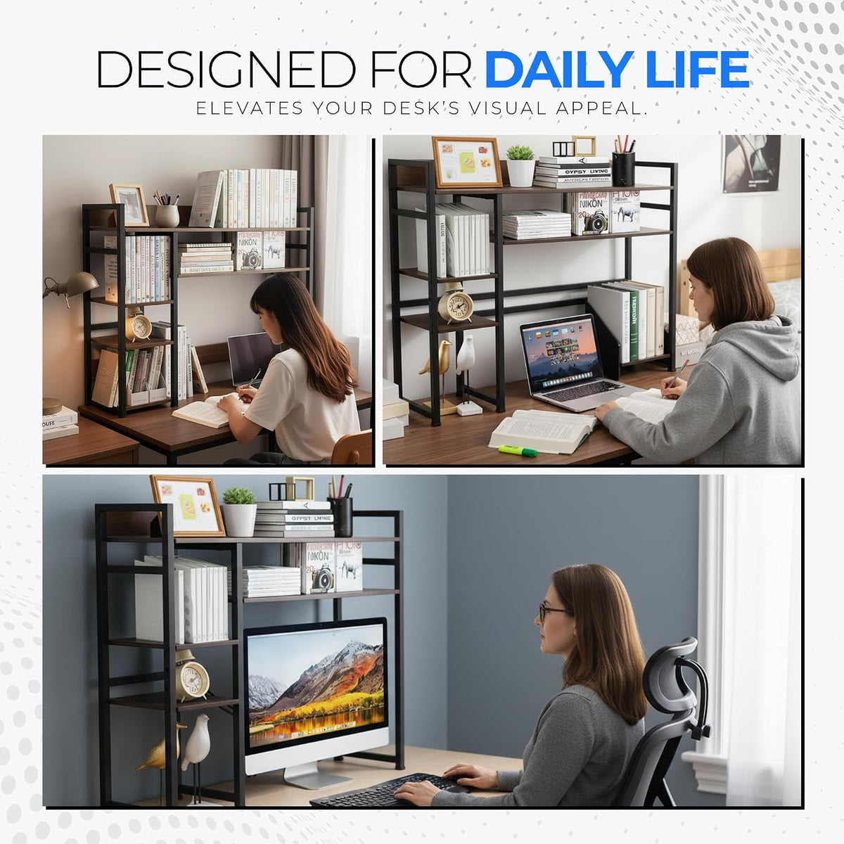 Desk Shelf Storage, 38 Inch, 4-Tier Wood Bookshelf Organizer, Computer Desk Hutch – Dark Brown, Desktop Bookshelf Organizer Shelf for Desk for Dorm Workspace and Home Office Use