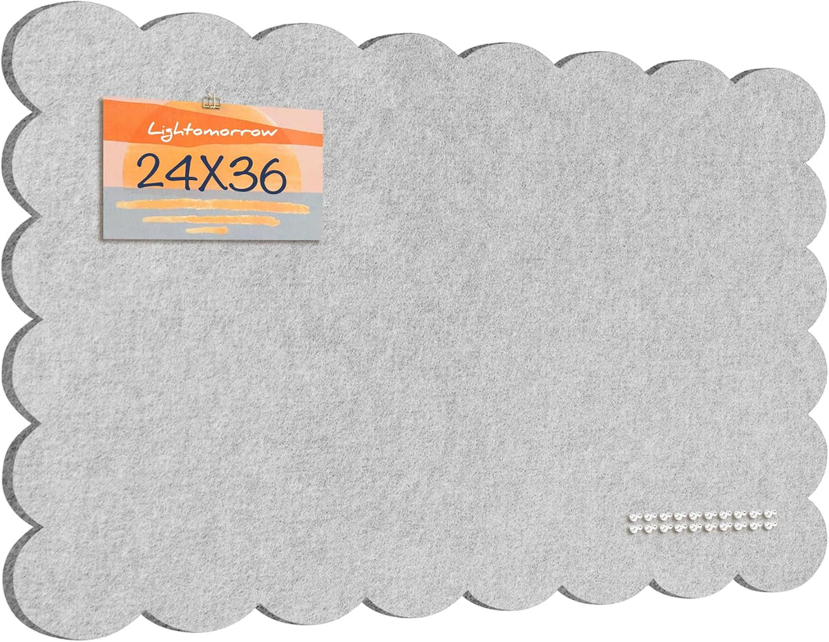 Lightomorrow Scalloped Bulletin Board, 36 x 24 Inches Felt Pin Board - Decorative Cork Alternative for Wall, Foldable Picture Self-Adhesive Vision Prayer Board with 20 Pushpins - Light Gray