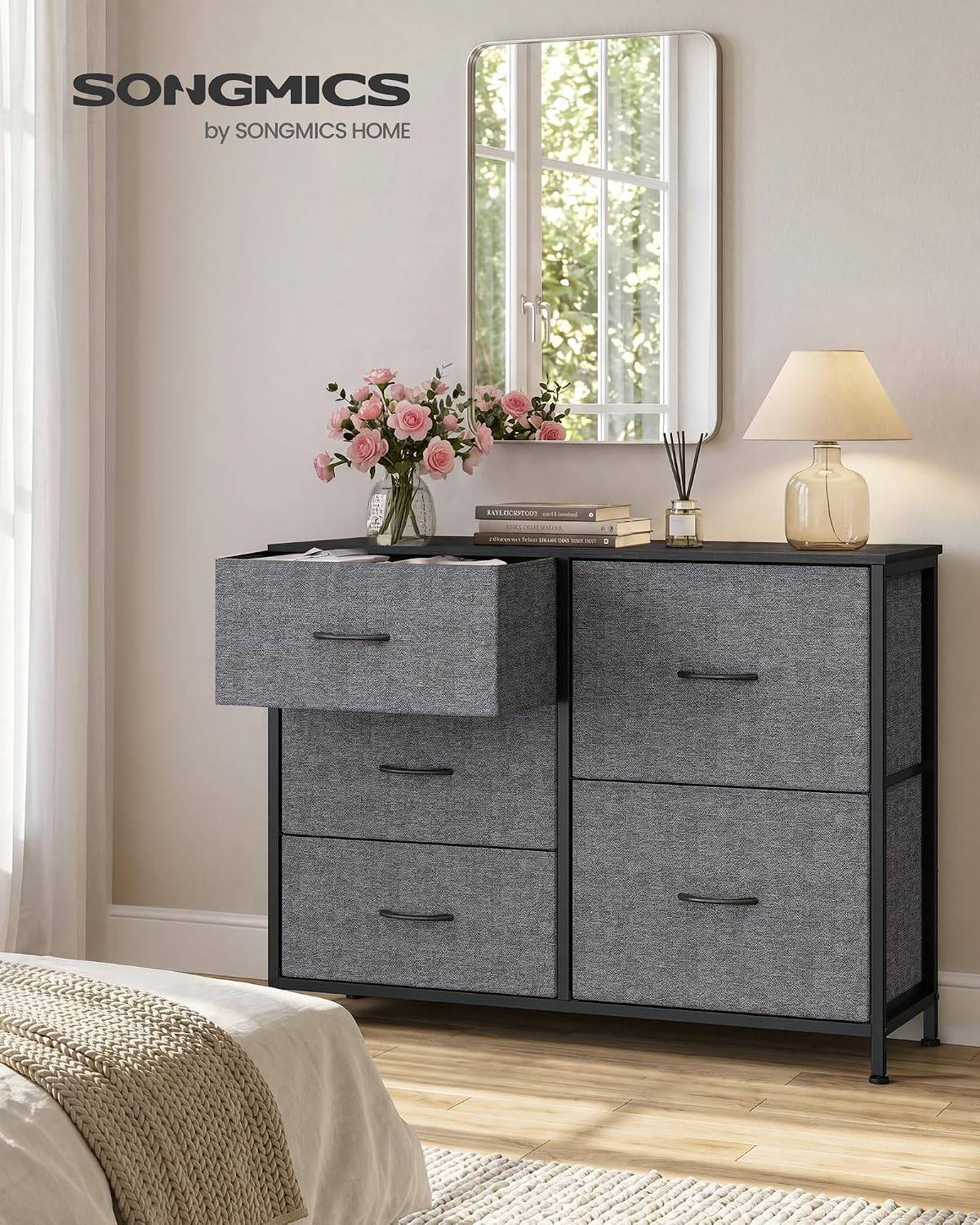 SONGMICS Dresser for Bedroom, Wide Dresser for Closet with 5 Fabric Drawers