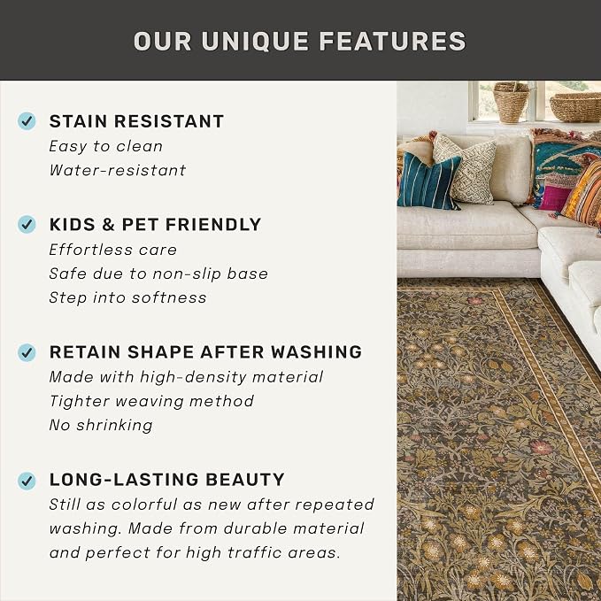 Gold Brown Floral Living Room Rug 5x7