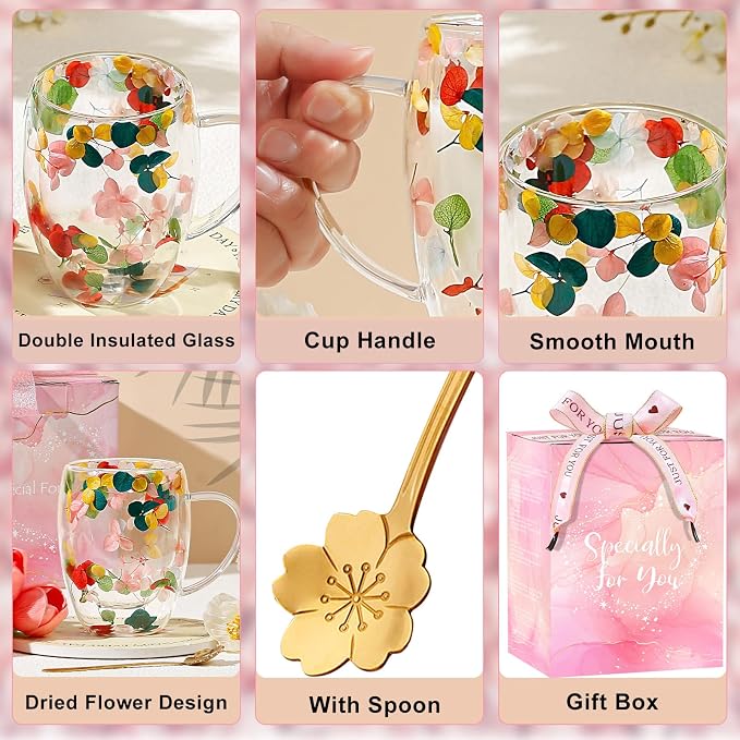 Gifts for Women Dried Flowers Double Wall Glass Coffee Mugs Cute Glass Tea Cups