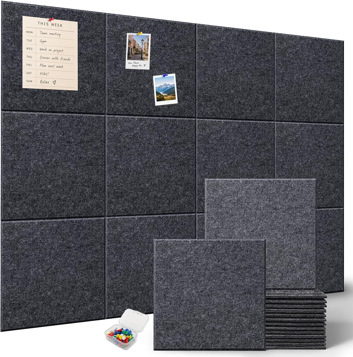 Hiksuky EcoCork Pro 48"x36" Modular Felt Wall Panels - 12 Pack Recycled Felt Tiles with Damage-Free Adhesive, Customizable Cork Board Alternative for Office & Home Decor Gray