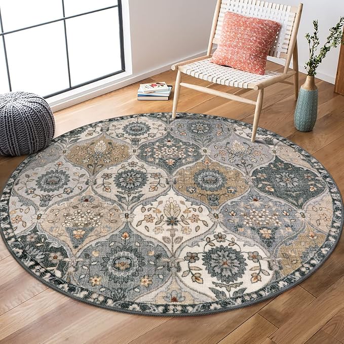 Lahome Moroccan Washable Round Area Rug, Soft Vintage Round Rug 3ft, Distress