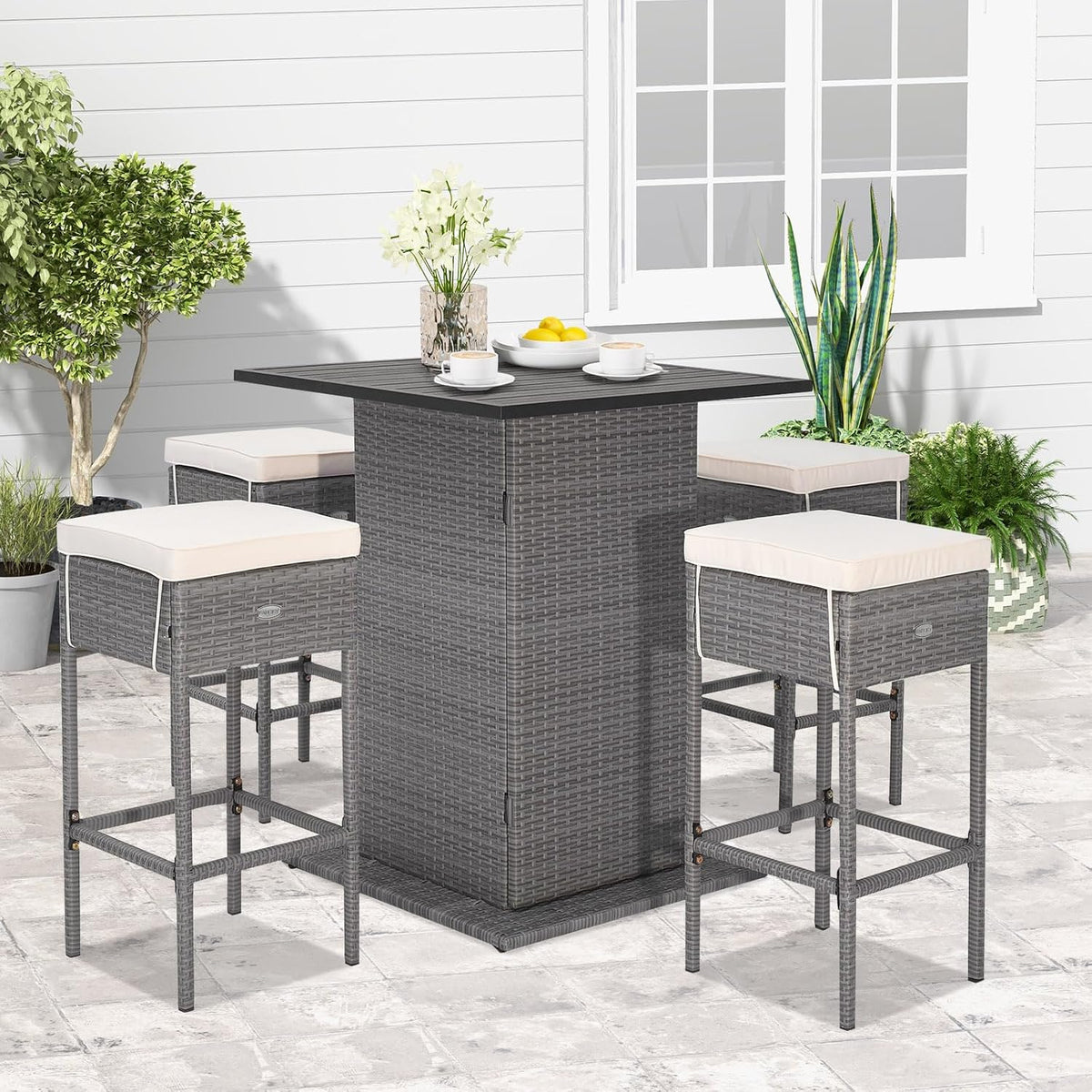 Tangkula 5 Piece Rattan Bar Table and Chairs Set Wirth 4 Cushioned Stools