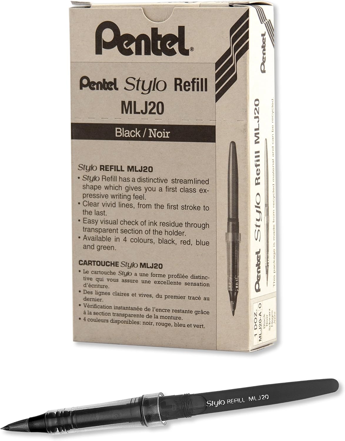 Pentel Arts Tradio Stylo Sketch Pen Refills, Black, Box of 12 (MLJ20-A)