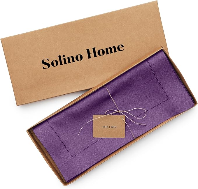 Solino Home Linen Purple Table Runner 48 Inches - Classic Hemstitch, 100% Pure Linen Coffee Table Runner 14 x 48 Inch Ideal for Dresser Tables - Fall, Autumn, Halloween, Thanksgiving, Holiday