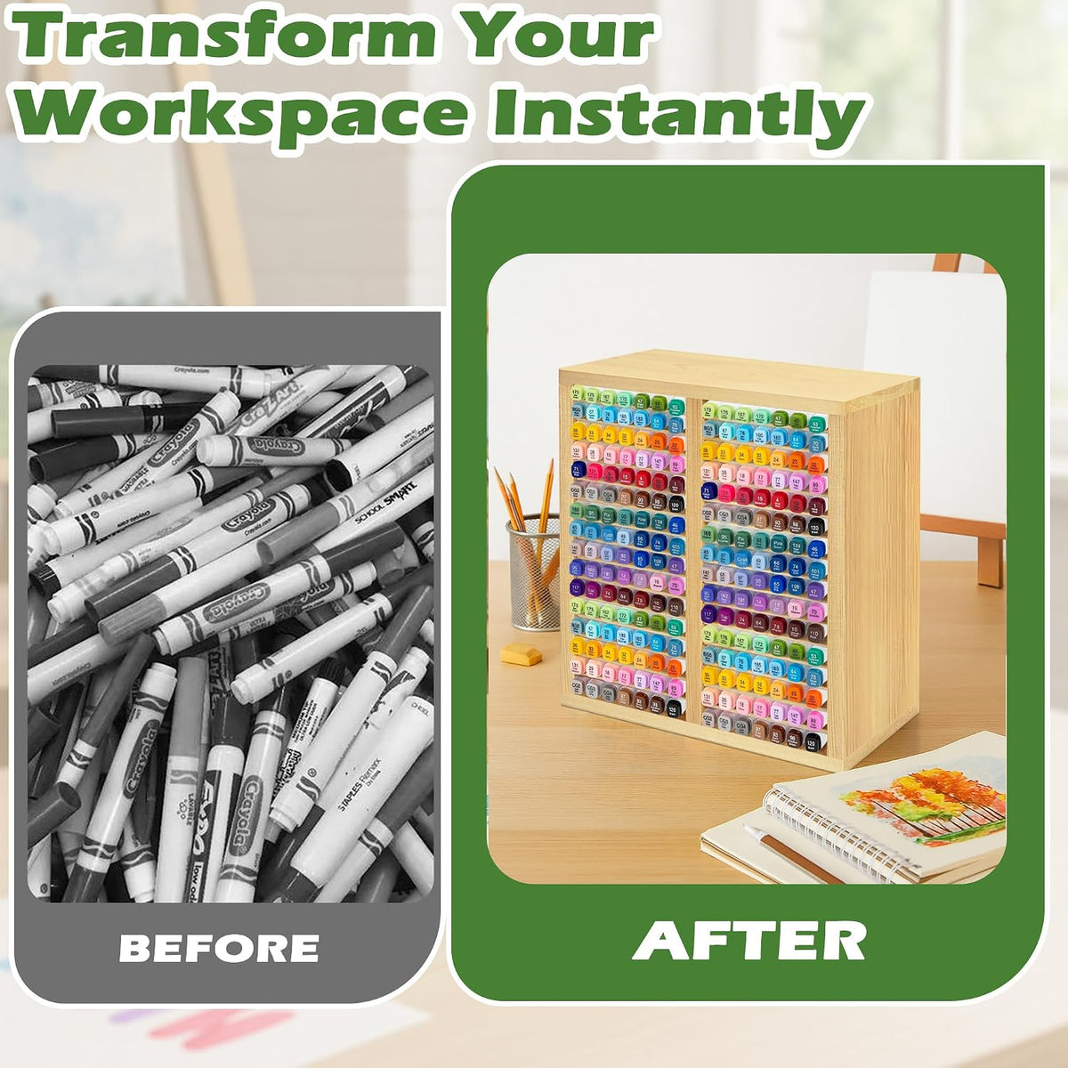PROLEE Marker Organizer for 224 Markers, Wooden Alcohol Marker Holder with 32 Compartments, Horizontal Art Pen and Pencil Storage Rack for Desk, Classroom and Studio, Natural