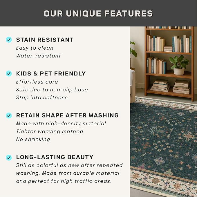 Hazo Haus Dark Green Oushak 5x7 Living Room Rug