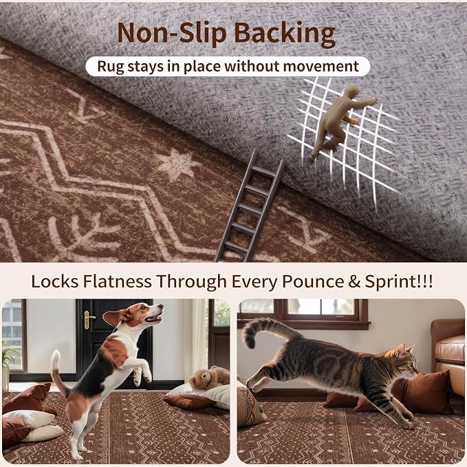 SERISSA 9x12 Area Rugs for Living Room, Washable Non-Slip Coffee Brown Boho Rug