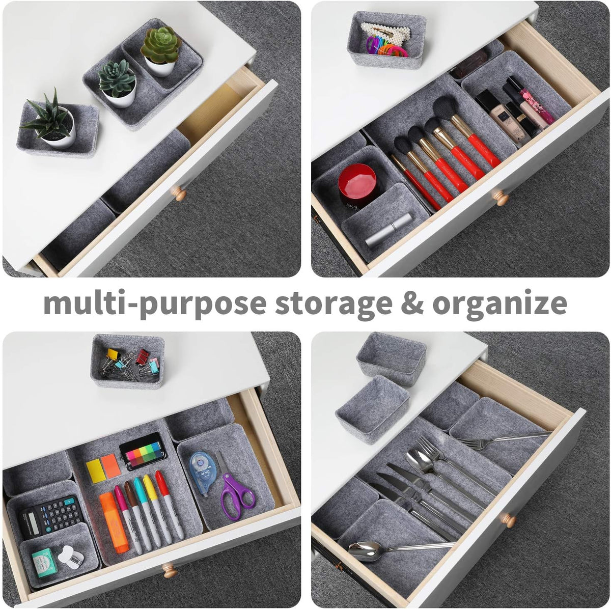Welaxy 7pc Felt Desk Drawer Organizers Trays Gray Office Home Storage Bins