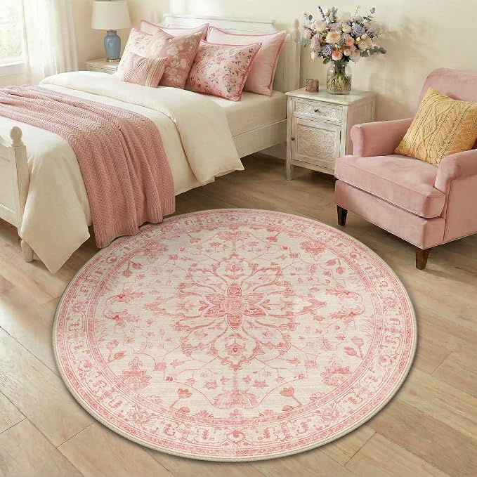 RELEANY Area Rugs Round 4ft Washable Non-Slip, Floral Vintage Distress