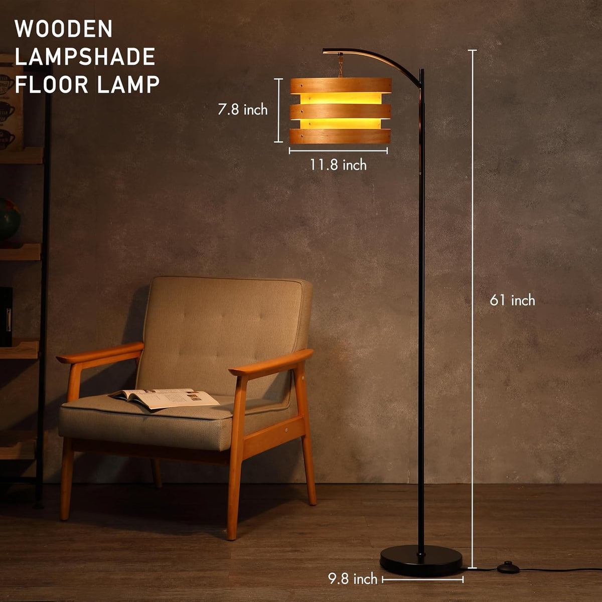 O’Bright Strata Wooden Floor Lamp - Mid Century Modern Standing Lamp with Layered Wood Shade, Tall Reading Lamp for Living Room, Bedroom, Office, Black, Light Oak, Horizon Shade