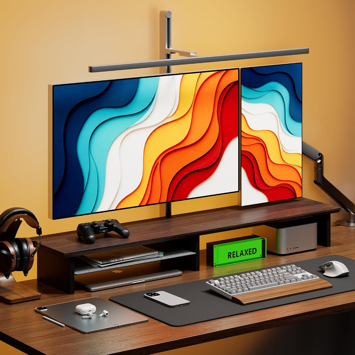 FENSULN Dual‑Tier Monitor Stand for Minimalist Wooden and Metal Riser Shelf Desktop Stands Organizer with Underneath Storage for Dual Monitors, Laptops, Home Office Aesthetic Brown