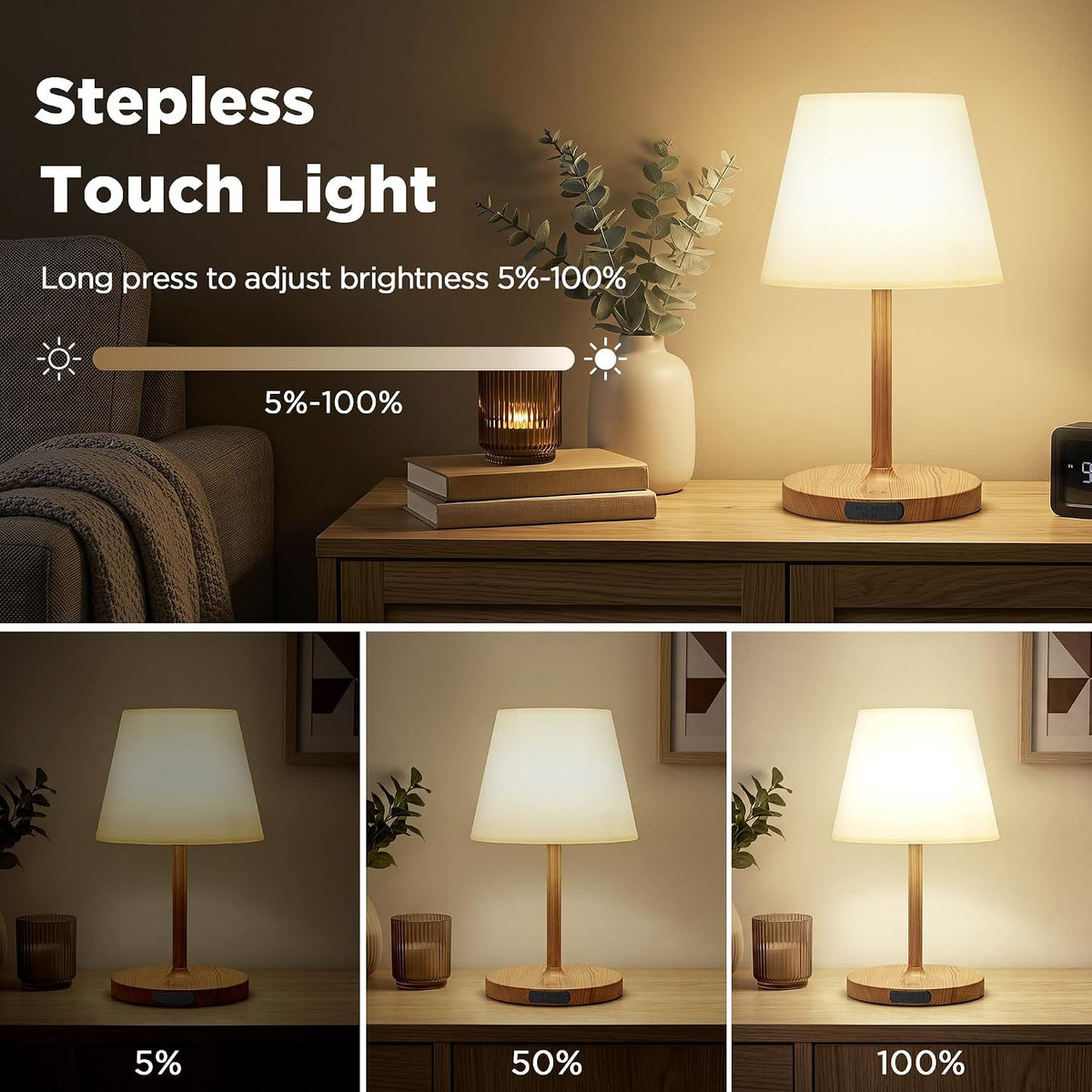 LUTEC 2 Pack Shower Lamp Waterproof, 6000mAh Rechargeable Cordless Table Lamp with 3 Color Temps and Stepless Dimming, Touch Control & Portable LED Nightlight for Bathroom, Desk, Outdoor(Wood Grain)