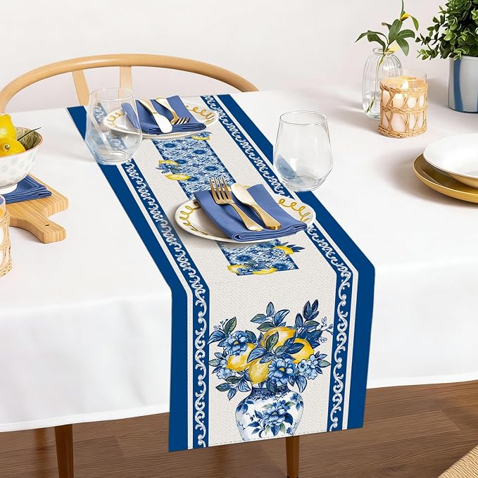 Summer Amalfi Coast Lemon Floral Table Runner Flowers Burlap Table Runners