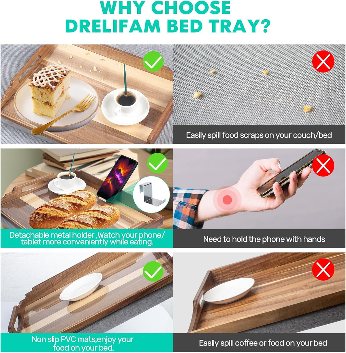 DRELIFAM Lap Desk with Cushion,Wooden Bed Tray Table for Eating,Lap Tray in Recliner,Breakfast Tray,TV Dinner Bed Food Trays (Acacia Wood A)