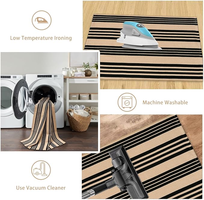 Striped Outdoor Front Door Mat 24"x51", Cotton Hand Woven Washable Black and