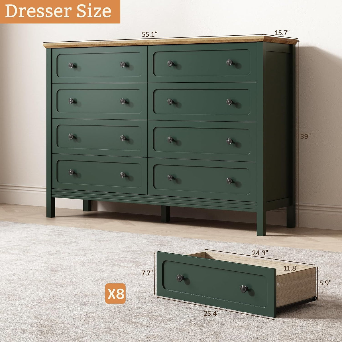 Tradare Green Dresser for Bedroom, 8 Drawer Dresser with Metal Handles, 55" Wide Modern Dressers & Chest of Drawers for Living Room, Hallway, Entryway