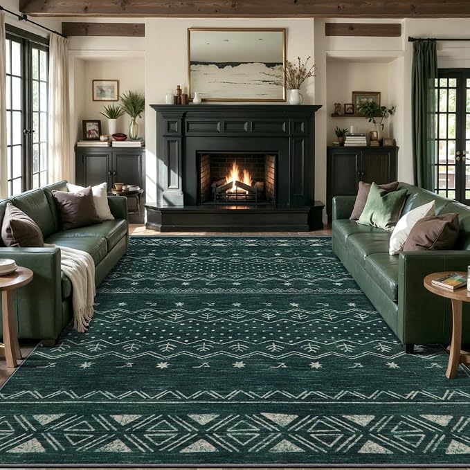 SERISSA 9x12 Area Rugs for Living Room, Washable Non-Slip Dark Green Boho Rug