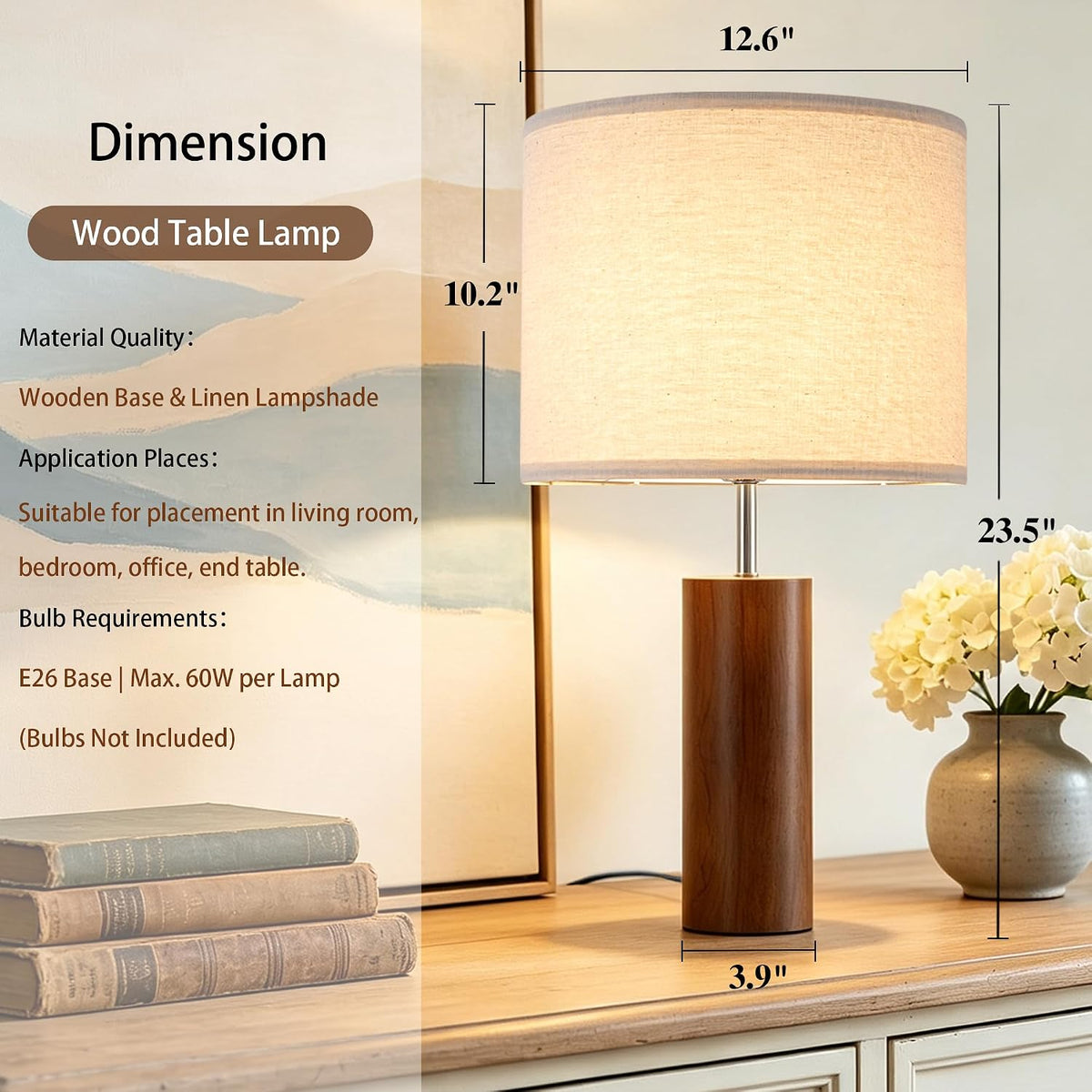 23.5" Modern Wood Table Lamps for Bedroom Living Room, Set of 2, Walnut