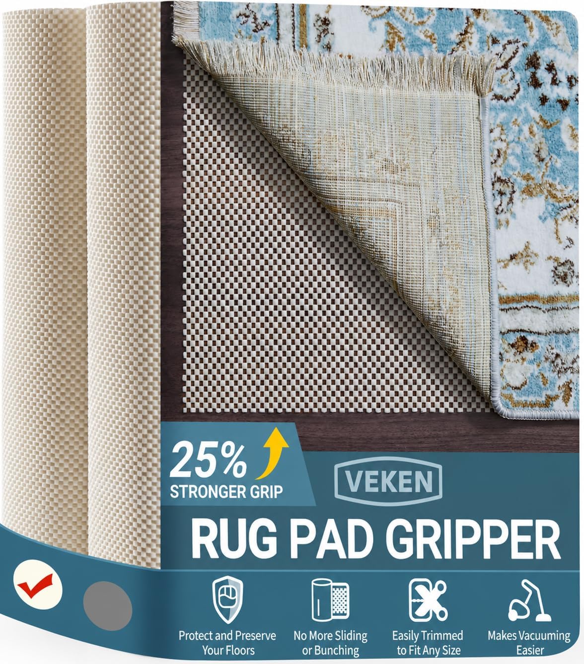 Veken 9x12 Ft Rug Pad Gripper for Hardwood Floors, Non Slip Rug Pads for Area Rugs, Thick Rug Grippers for Tile Floors, Under Carpet Anti Skid Mat, with More Than 99 Pieces Anti-Slip Square Pattern