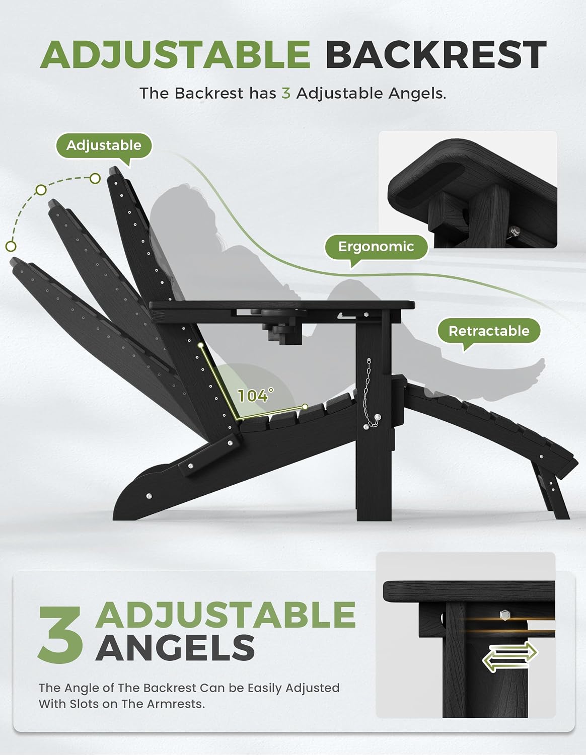 Ciokea HDPE Folding Adirondack Chair with Footrest,Black,1