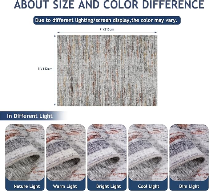 5x7 Area Rugs - Ultra-Thin Washble Rugs, Non-Slip Low Pile Abstract Print Rugs
