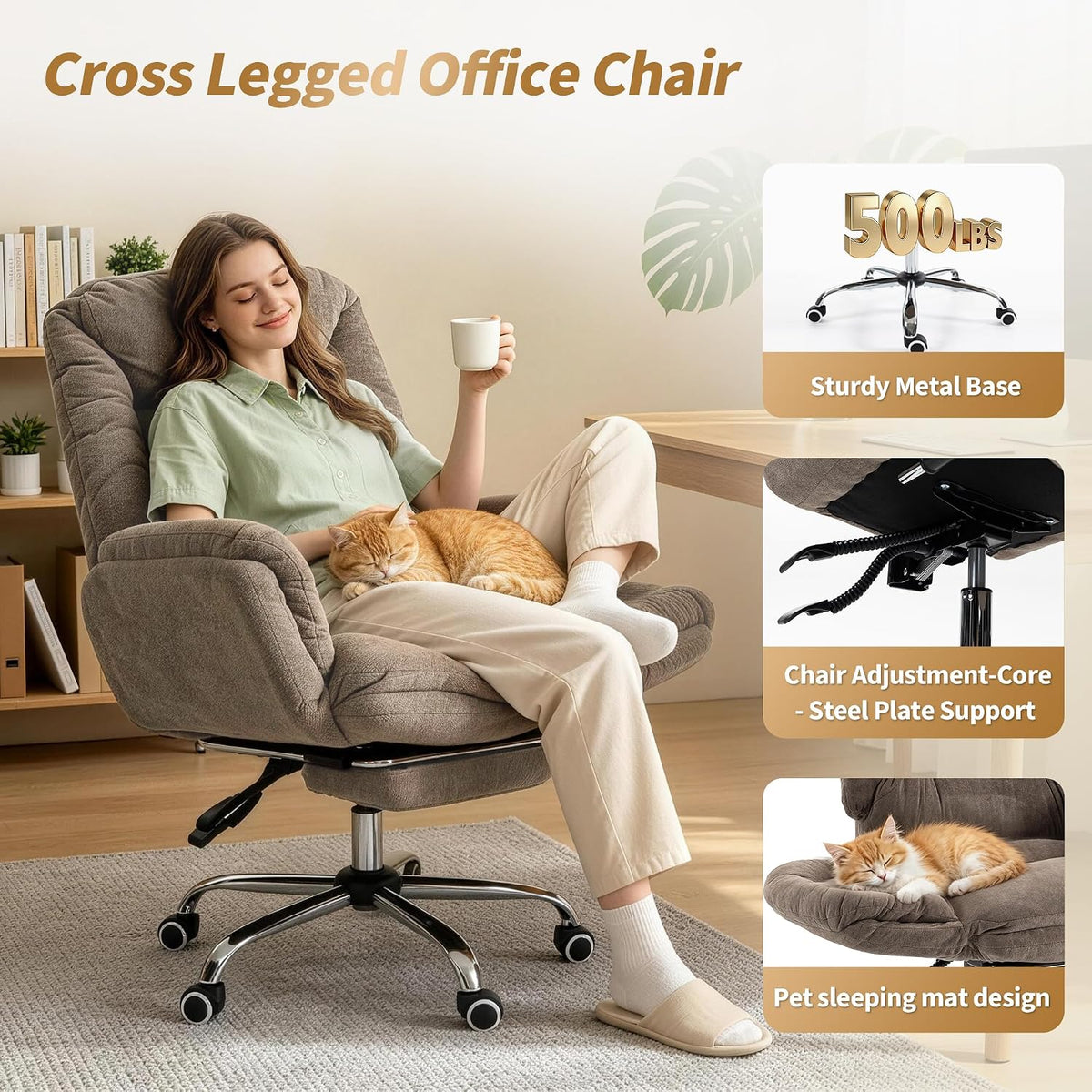 Criss Cross Ergonomic Office Chair with Footrest, Big and Tall Executive Office Chair with 3-Level Adjustable Armrests High Back Adjustable Gaming Chair with Wheels for Home Office, Coffee
