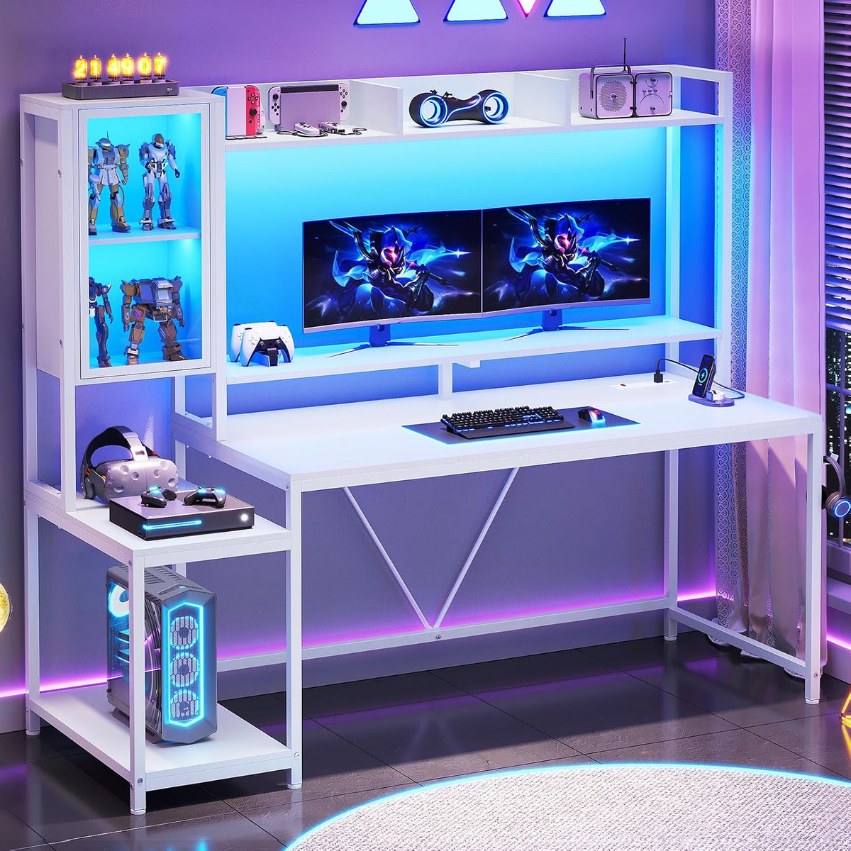 SEDETA 60'' Gaming Desk with Storage, Hutch, Display Cabinet and LED Lights
