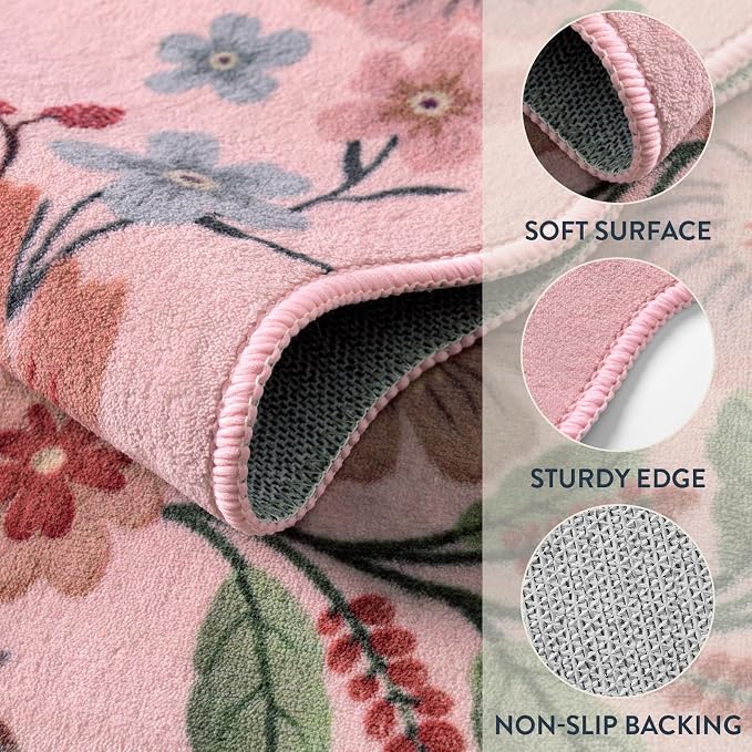 Lahome Floral Washable Rugs, 4X6 Pink Rugs