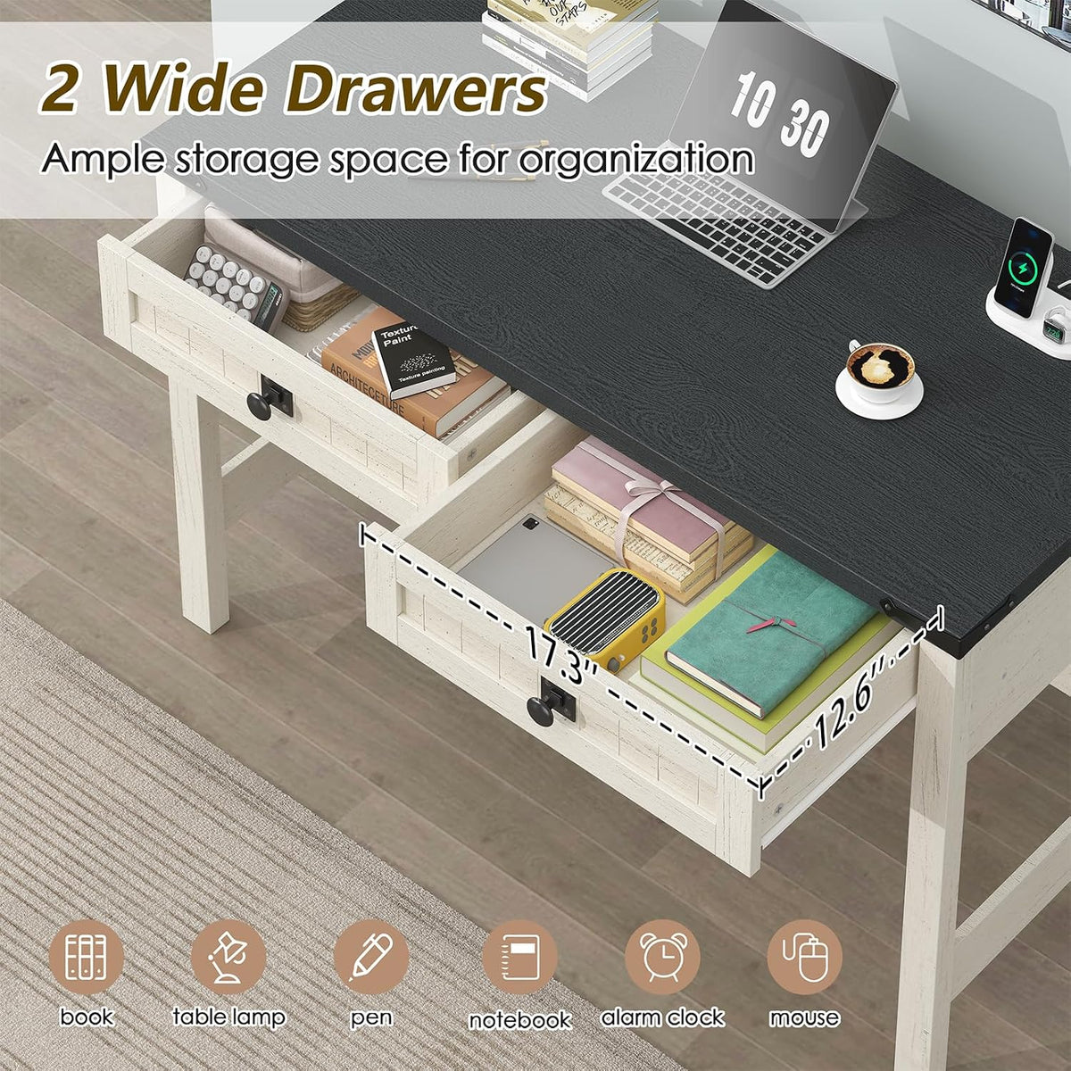 39 Inch Farmhouse Small Computer Desk with Drawers for Bedroom, Home Office