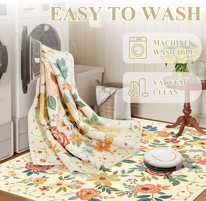 DUKINO 4x6 Area Rug, Lightweight Non Slip Washable Floral Rug, Indoor Low Pile