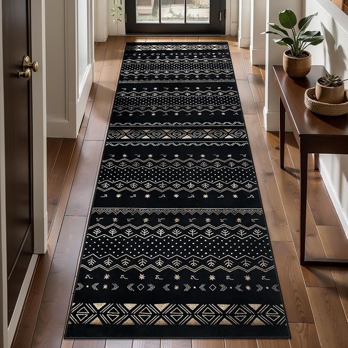 SERISSA 2x6 Kitchen Runner Rug, Washable Non-Slip Black Gold Grad Boho Rug