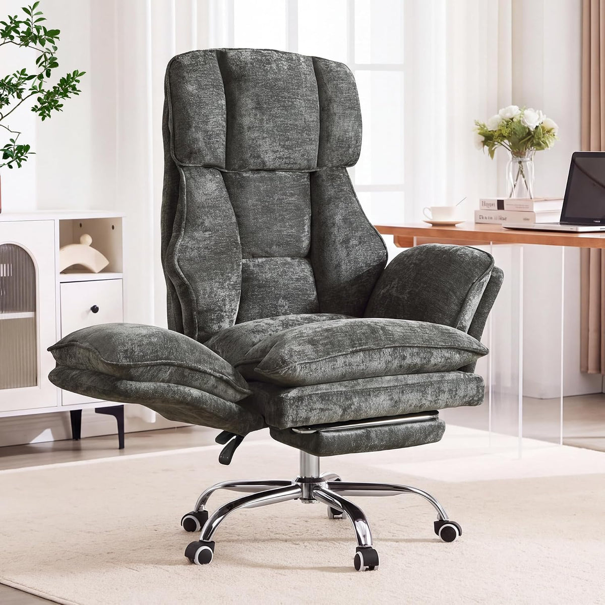 Big and Tall Office Chair with Flip Arms and Footrest, Chenille Criss Cross Legged Home Office Desk Chair with Pet Seat, Comfy Reclining Computer Gaming Chair, Dark Grey