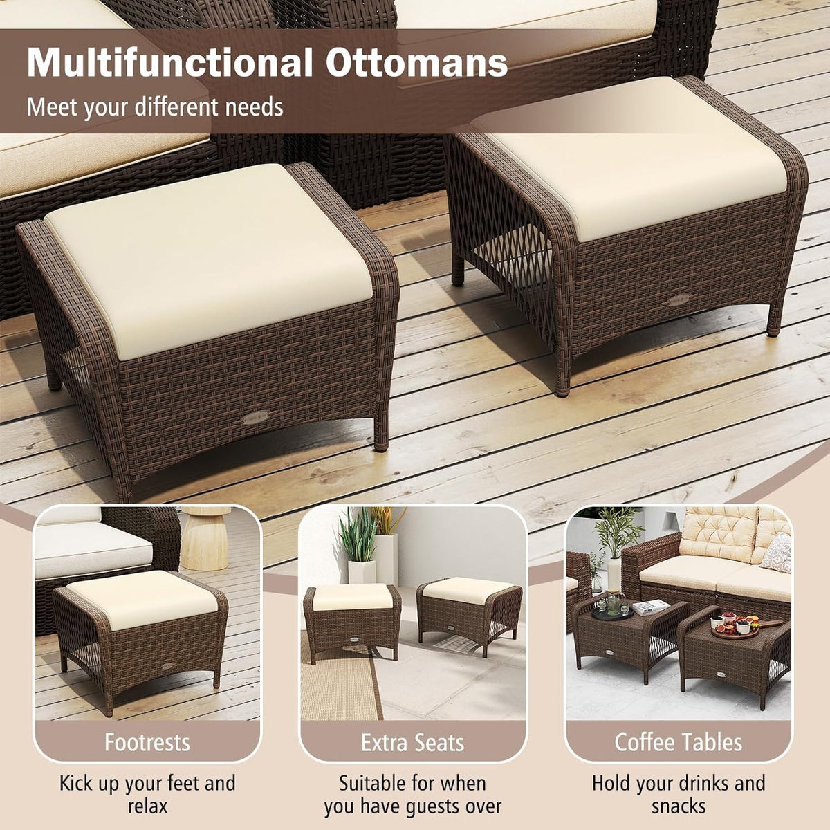 HAPPYGRILL 2-Piece Patio Wicker Ottomans with Removable Cushions, Outdoor Rattan Footrest Side Table for Porch, Garden and Backyard (Beige)