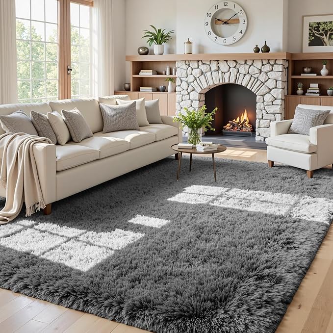5x8 Area Rugs for Living Room: Soft Fluffy Shag Light Grey Rugs for Bedroom